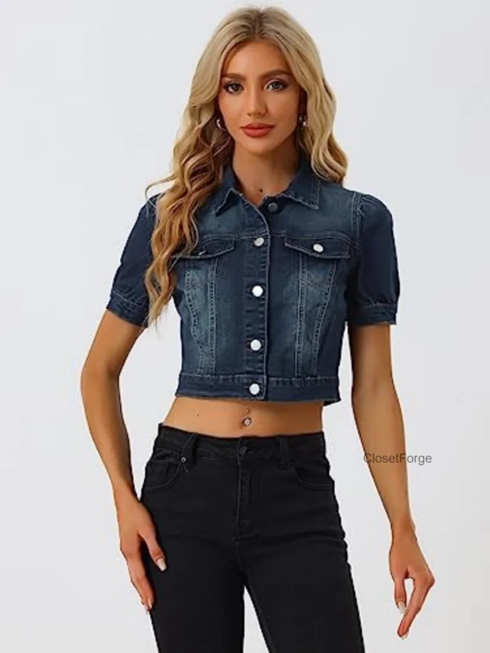 Women's Denim Cropped Puff Sleeve Button-Down Western Jean Jacket